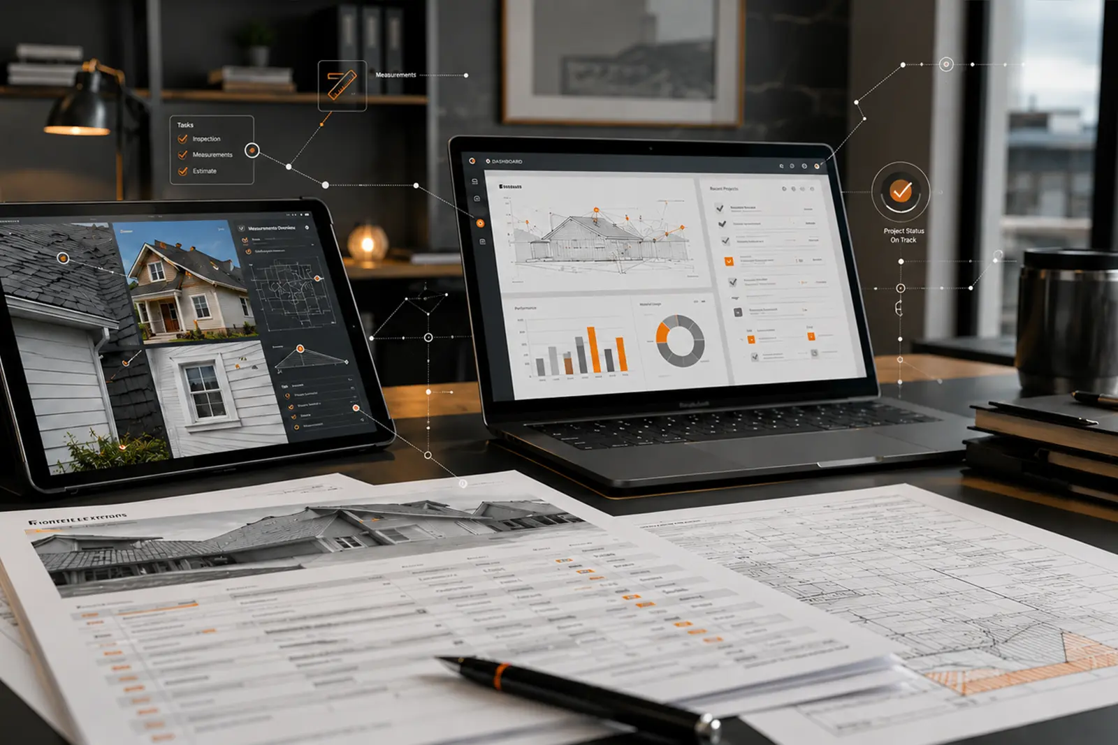 Construction estimate review workstation with exterior restoration documentation